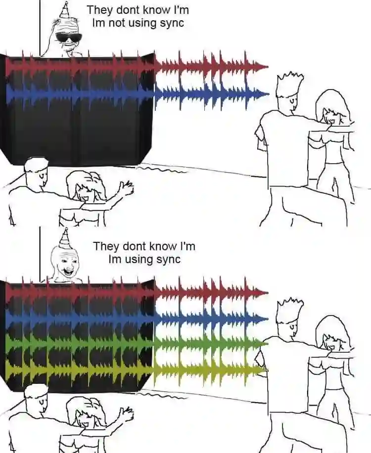 Party guy behind speaker meme using sync