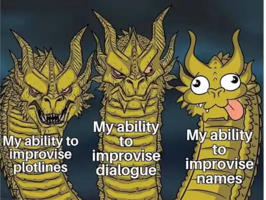 Three-headed dragon meme mocking bad improv names