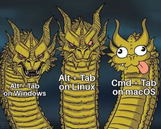 Three-headed dragon meme comparing OS tab shortcuts
