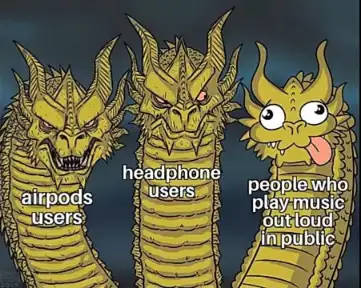 Three-headed dragon meme mocking public loud music