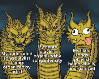 Three-headed dragon meme contrasting different music playlists