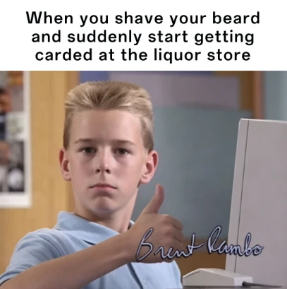 Thumbs up kid meme approves getting carded at liquor store after shaving beard