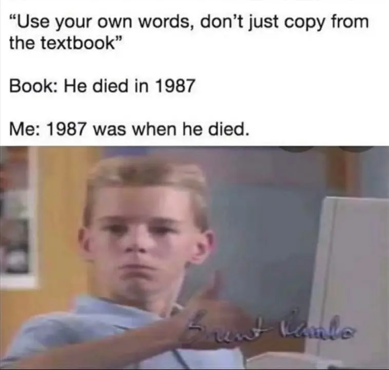 Thumbs up kid meme rephrasing textbook lazily