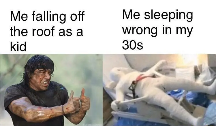 Thumbs up rambo meme kid roof fall 30s pain