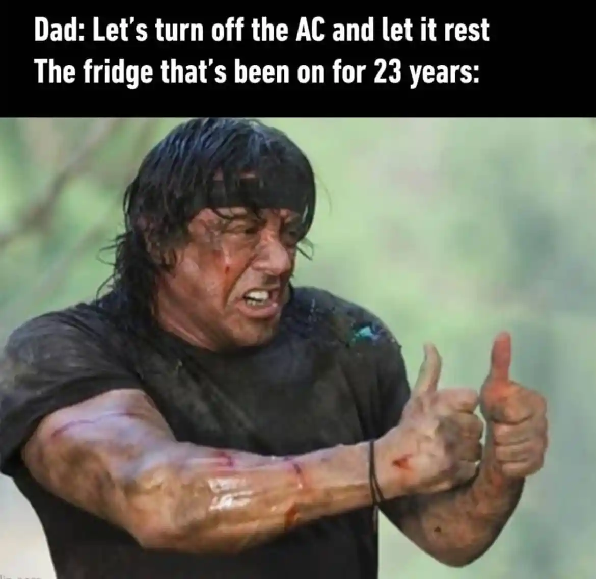 Thumbs up rambo meme old fridge runs 23 years
