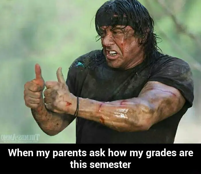 Thumbs up rambo meme reacting to parents asking about grades