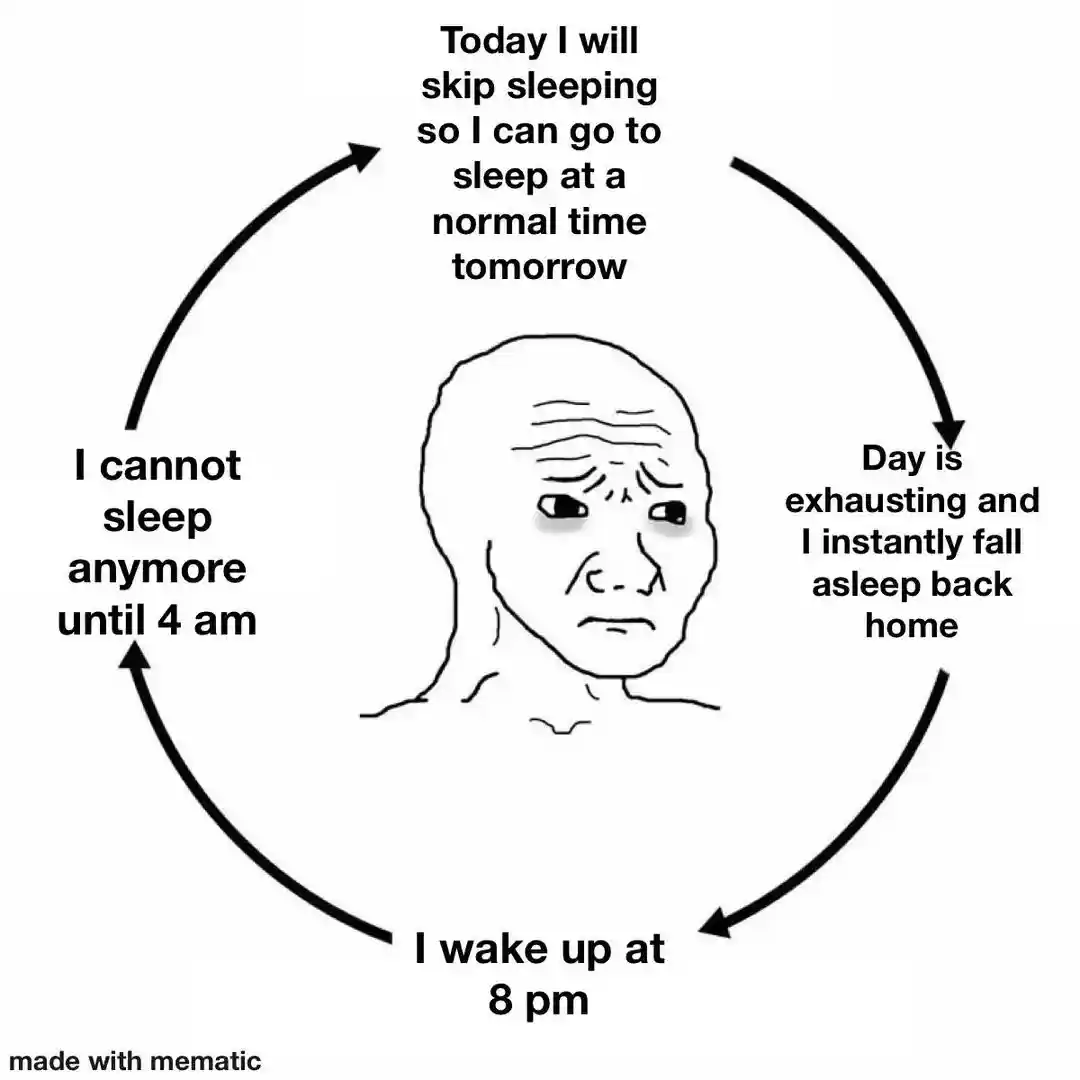 Bad sleep cycle meme wojak in endless loop