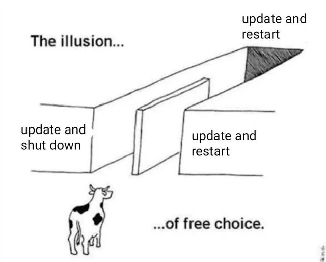 Windows update free choice meme cow facing paths