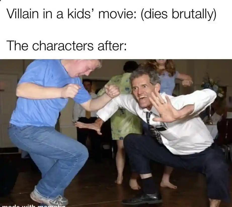 Kids movie villain death meme men dance wildly