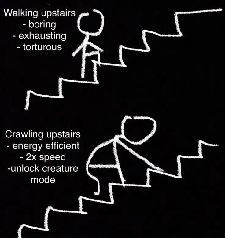 Walking crawl upstairs meme stickmen on stairs
