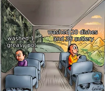 Washing dishes greasy pot meme sad happy on bus