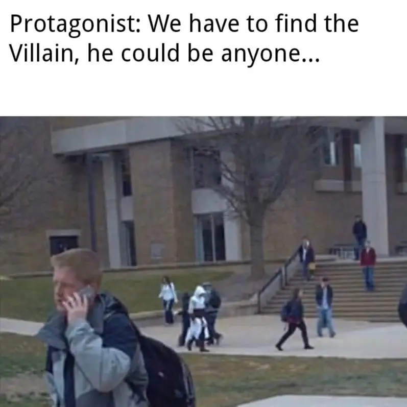 Find hidden villain meme, assassin in campus crowd