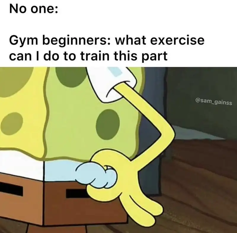 Gym beginners meme pointing at body part to find workout