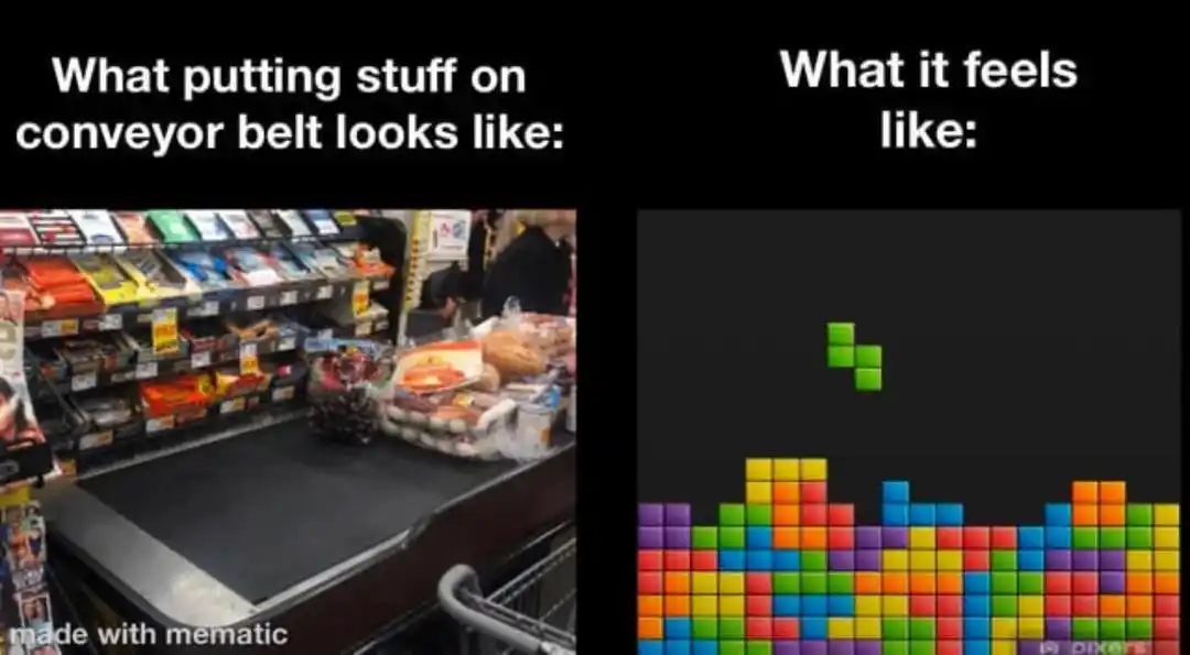 Conveyor belt Tetris meme stacking groceries