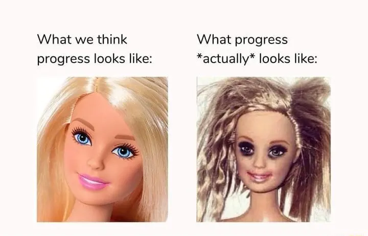 Barbie progress meme shows ideal vs real life