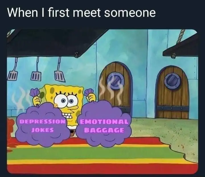 Spongebob meet new people meme hiding baggage