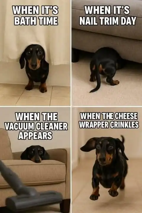 Dachshund meme hiding then running for cheese