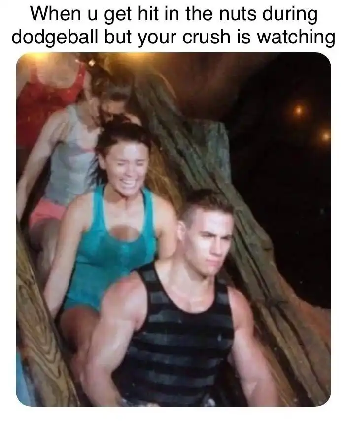 Dodgeball nut shot meme hides pain from crush