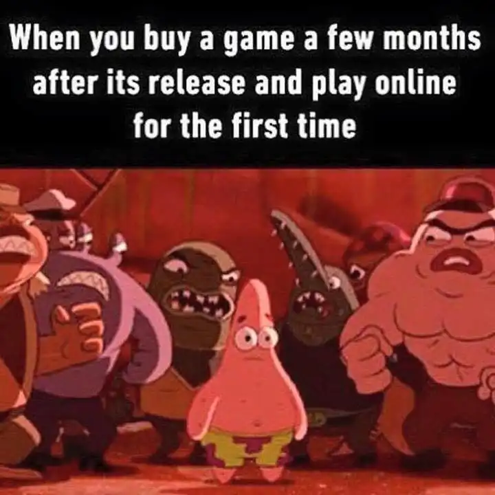Late game play meme Patrick among angry fish