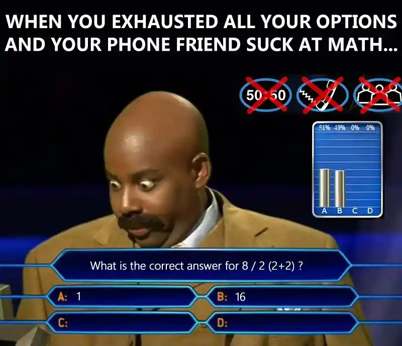 Steve Harvey game show meme confused by 8/2(2+2) math problem
