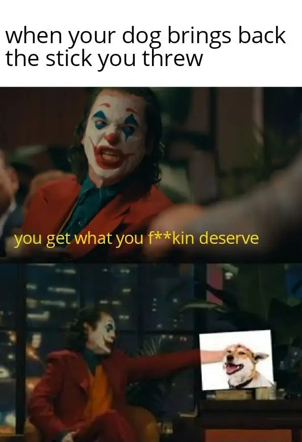 Dog fetching stick meme Joker pats good boy