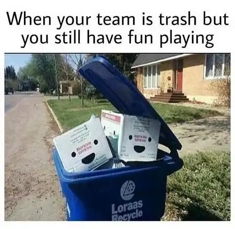 Bad team still having fun meme smiling papers in recycle bin