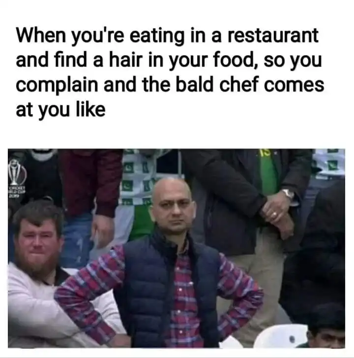 Bald chef hair in food meme stares at you