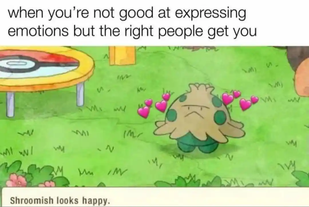 Shroomish meme, unexpressive person feels seen and happy