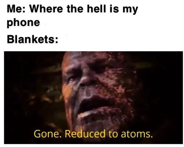 Lost phone blankets meme Thanos says reduced to atoms