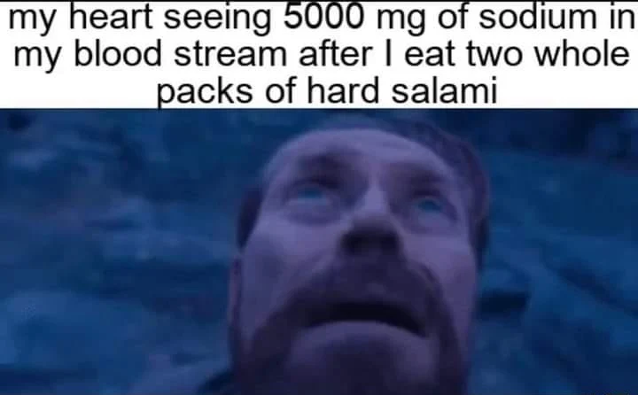 Willem dafoe looking up meme shocked by high sodium after eating salami