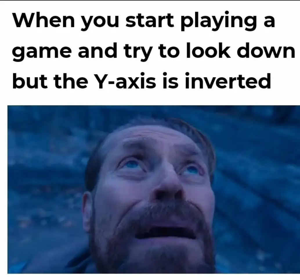 Willem dafoe looking up meme inverted game y axis