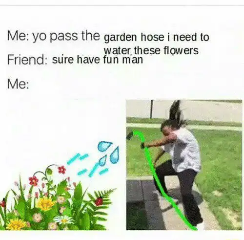 Garden hose meme spraying water on flowers