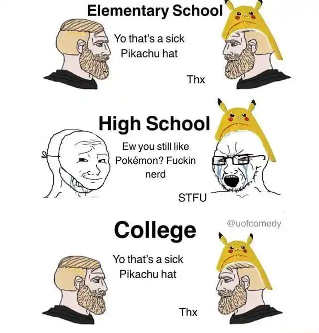 Pikachu hat meme different school stage reactions