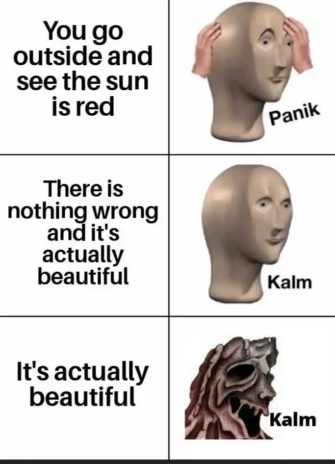 Panik Kalm meme panics at seeing red sun
