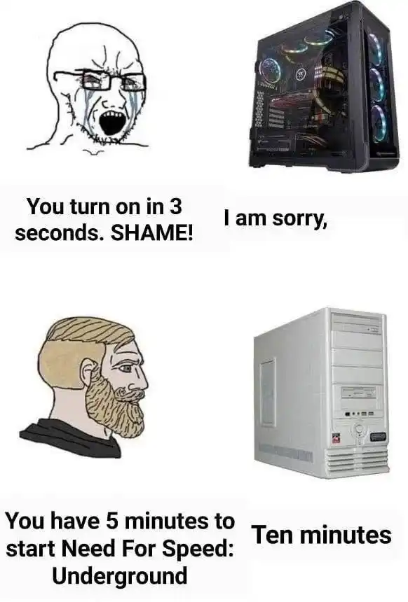 Soyjack vs chad pc meme comparing boot speed