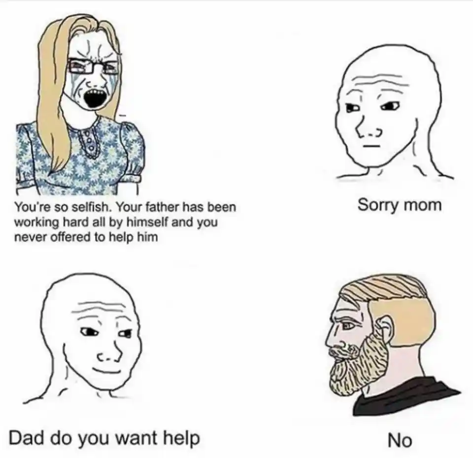 Yelling mom meme asking dad help refused
