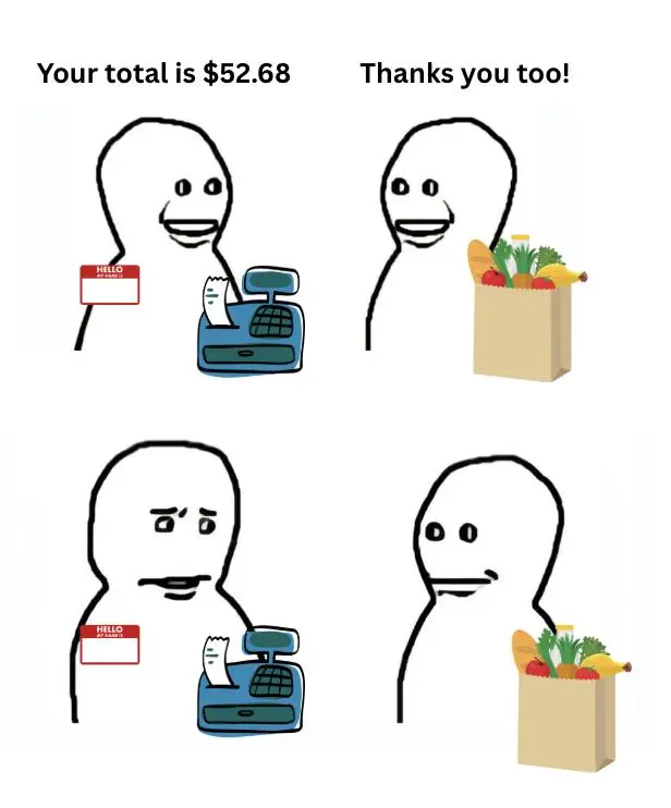 Thanks you too meme, awkward grocery checkout moment