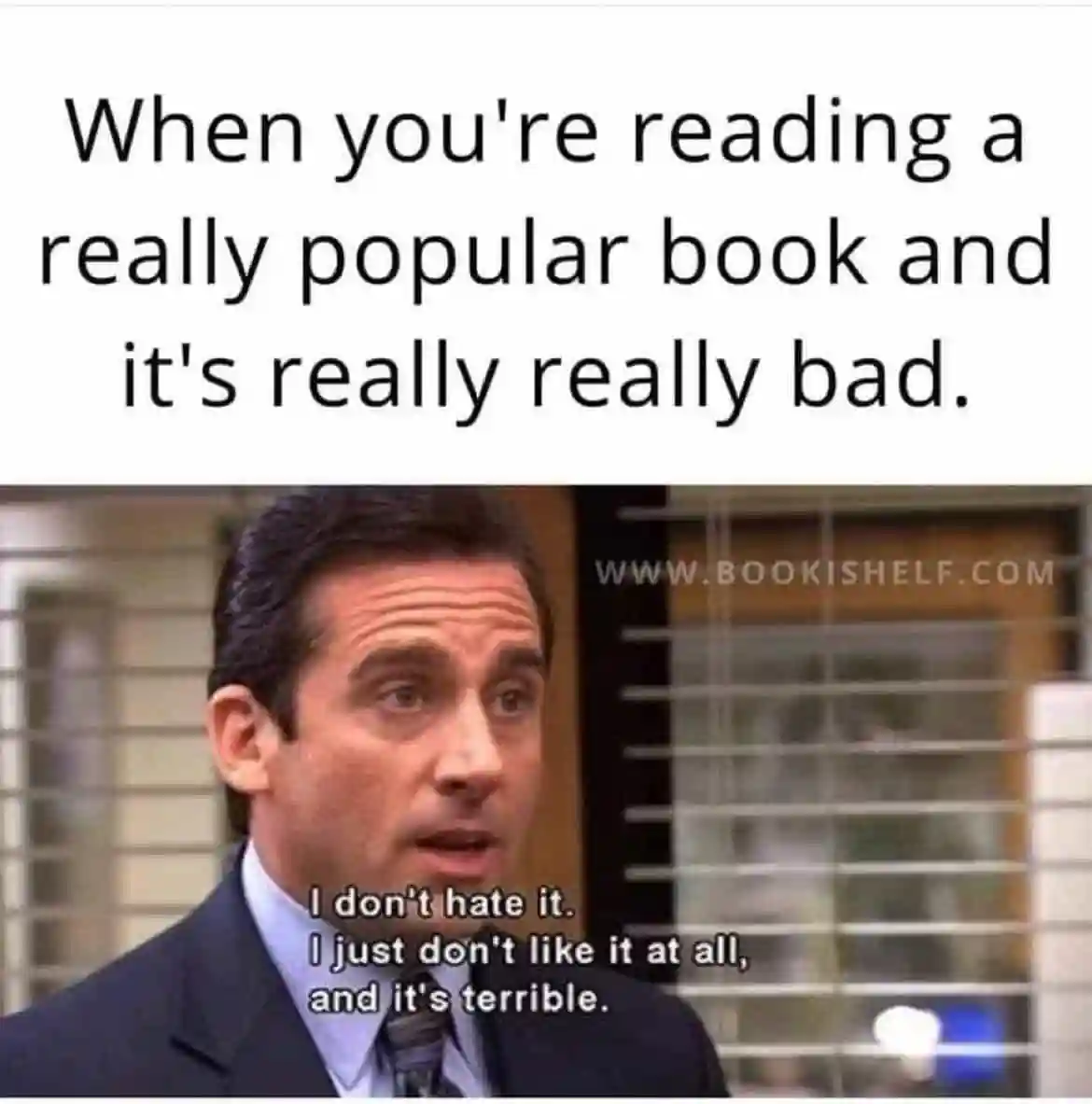 Reading popular bad book meme Michael Scott unimpressed