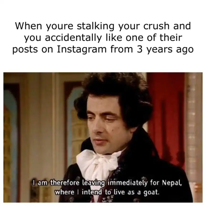 Stalking crush old Instagram like meme fleeing Nepal awkward