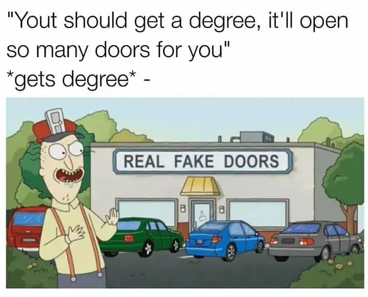 Degree opens real fake doors meme outside storefront